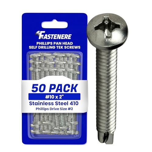 Fastenere Pan Head Self Drilling Tek Screws -#10 x 2 (50 Pack) Stainless Steel 410, Full Thread, Bright Plain Finish, Corrosion-Resistant, Self-Drilling, Easy to Install w/Phillips Drive Size #2 - size: #10 x 2" (50 Pack)