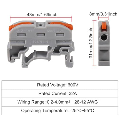 DIN Rail Terminal Blocks, Compact Wire Conductor Wiring Connectors for 24-12 AWG (50pcs Grey) - color: 50pcs Grey