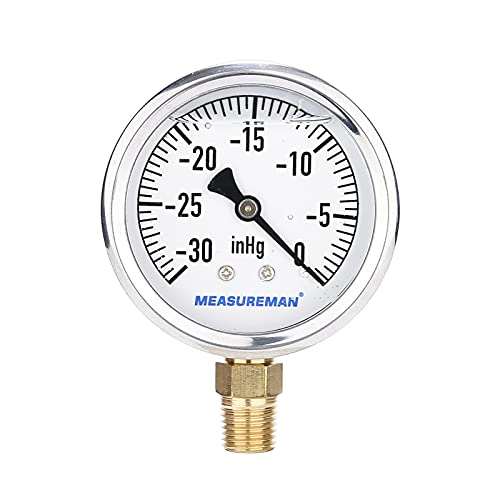 MEASUREMAN 2-1/2inch Dial Size, Glycerin Filled Plumbing Pressure Gauge, 30inHg-0, Stainless Steel Case, 1/4inchNPT Lower Mount - size: 30inHg-0, style: Lower Mount