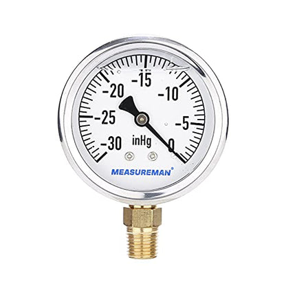 MEASUREMAN 2-1/2inch Dial Size, Glycerin Filled Plumbing Pressure Gauge, 30inHg-0, Stainless Steel Case, 1/4inchNPT Lower Mount - size: 30inHg-0, style: Lower Mount