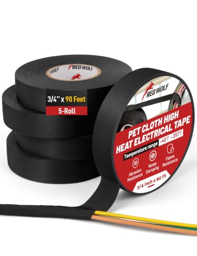 RED WOLF Noise Damping PET Electrical Wire Tape 3/4 Inch x 90 Feet 5-Roll High Heat Abrasion Resistance Self-Adhesive Fabric Cloth Tape Wrap Wiring Loom for Automotive Engines Cable Protection - size: 3/4 inch - 90 Ft (5-Pack)