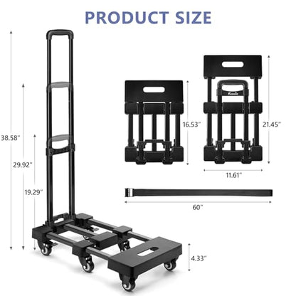 KEDSUM 550 LBS Folding Hand Truck with 6 Wheels(2 with Brake), Collapsible Dolly Cart with Wheels, Thickened Upgraded Steel Trolley Cart for Easy Moving, No-Assembly, with 1 Lashing Straps