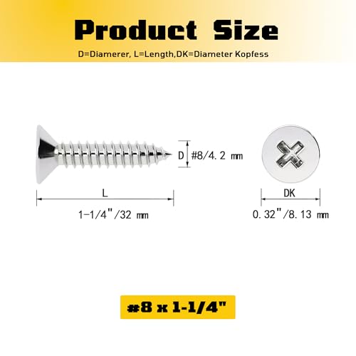 #8 x 1-1/4 inch Flat Head Wood Screws, 304 Stainless Steel Phillips Drywall Screws and Tapping Screws, High Hardness Screws for Drywall, Sheetrock, Wood (100 pcs) - size: #8 x 1-1/4"