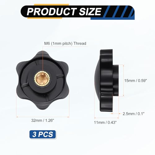 HARFINGTON Star Knob M6 Female Thread 32mm Head Brass Insert Black 3pcs - color: Black, size: M6 x 32mm