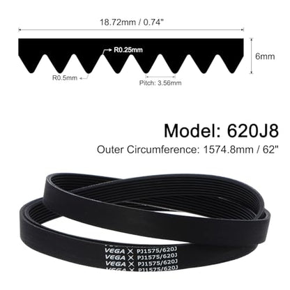 uxcell 620J8 PJ V-Ribbed Belt 8 Ribs 62" Length x 0.74" Width x 0.14" Thick, EPDM Poly V Belt, Industrial Transmission Serpentine Belt - size: 620J8