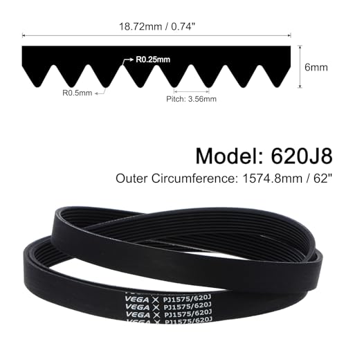 uxcell 620J8 PJ V-Ribbed Belt 8 Ribs 62" Length x 0.74" Width x 0.14" Thick, EPDM Poly V Belt, Industrial Transmission Serpentine Belt - size: 620J8