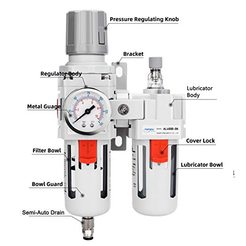 NANPU 3/4" NPT Air Filter Regulator Lubricator Combo, Water Separator - size: 3/4" NPT, style: Semi-Auto Drain