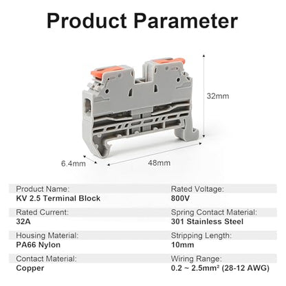 50Pcs KV2.5 Terminal Blocks, 28-12 AWG - color: Grey, size: 50 Pcs