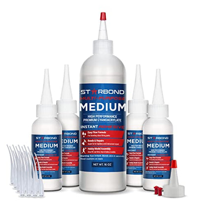 Starbond Medium CA Glue Complete Refill Kit (16 oz) – Cyanoacrylate Super Glue Refill System with Extra Bottles, Caps, Microtips & Yorker Spout for Woodworking, Carpentry, Quick Repairs & Hobby Builds - size: 16 ounce