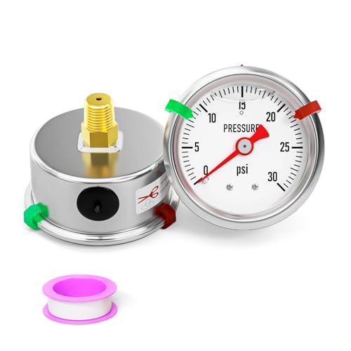 0-30psi Stainless Steel Glycerin Liquid Filled Pressure Gauge 1/8" NPT 1.5" Face Dial, Center Back Mount, for Water, Oil and Air Pressure Testing (with Range Mark Pointer) - size: 0-30Psi