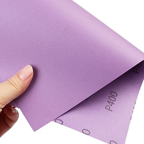 LotFancy 400 Grit Sandpaper, 30PCS 9 x 11” White Fused Alumina Wet Dry Sanding Sheets, for Automotive Metal Sanding Polishing, Wood Finishing, Purple - size: 400 Grit