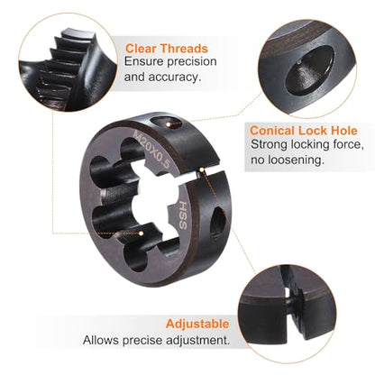 HARFINGTON Round Threading Die M20 x 0.5 Metric Thread 38mm OD Adjustable Right Hand High-Speed Steel (HSS) Round Die Screw Thread Cutting Die for Thread Repair - size: M20 x 0.5