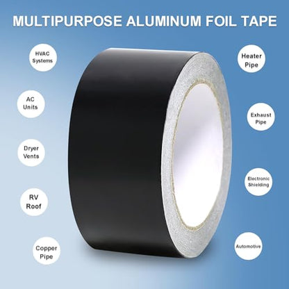 Black Aluminum Foil Tape 2 in x 65 Feet 3.94 Mil Hot & Cold Shield Resistant Black Foil Tape HVAC Sealing & Patching Hot Cold Air Duct Tape for Pipe, Metal Repair, HVAC, Air Ducts, Insulation