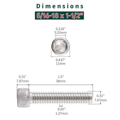 5/16-18 x 1-1/2" Socket Head Cap Screws (15 pcs), 304 Stainless Steel 18/8, Allen Hex Drive, Home Entertainment Furniture Screws, Fayeploo (with Hex Spanner) - size: 5/16-18 x 1-1/2"