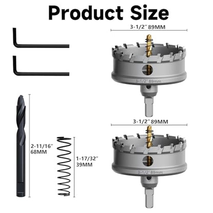 Metal Hole Saw 3-1/2''(89mm) 2Pcs Set Heavy Duty Tungsten Carbide Tipped Hole Cutters Set with a nitrided Step Drill and L-flench, for Steel Iron,Aluminum,Stainless stell,Plastic - size: 3-1/2''(89mm)-2PCS