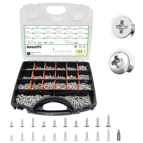 1220Pcs 304 Stainless Steel Self Tapping Screws Assortment Set, M3/M4/M5 Flat Head & Round Head Self Tapping Screws Assortment Set, Phillips Drive Wood Screw Assortment Kit - size: M3/4/5-1220Pcs