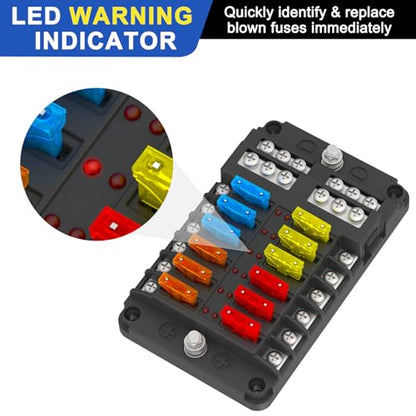 12 Way Fuse Block Box 12V/24V DC, ATC/ATO Fuse Panel with LED Indicator for Marine Boat Automotive Motorcycle - style: 12 Way