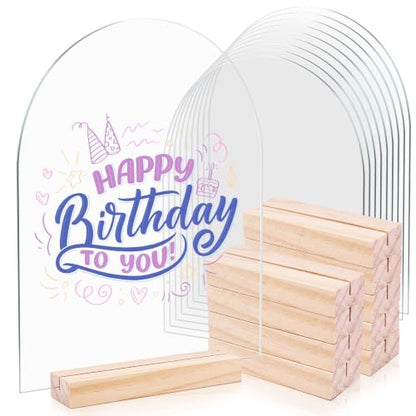 Bercoor 10 Pack 8x10 Inch Blank Clear Arch Acrylic Sign with Wooden Stands, Arched Round Top Acrylic Sheet, Arch Table Numbers for DIY Name Card Gifts Event Party Sign Decoration - size: 8x10 arched