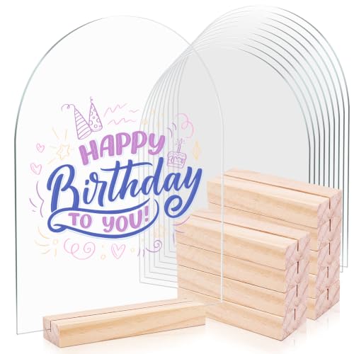 Bercoor 10 Pack 8x10 Inch Blank Clear Arch Acrylic Sign with Wooden Stands, Arched Round Top Acrylic Sheet, Arch Table Numbers for DIY Name Card Gifts Event Party Sign Decoration - size: 8x10 arched