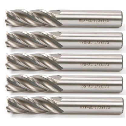HSS-AL Carbide End Mill Set, 4 Flute Milling Cutter Bits, High Strength Breakage Resistance, 1/2x1/2 Inch, 5 Pack