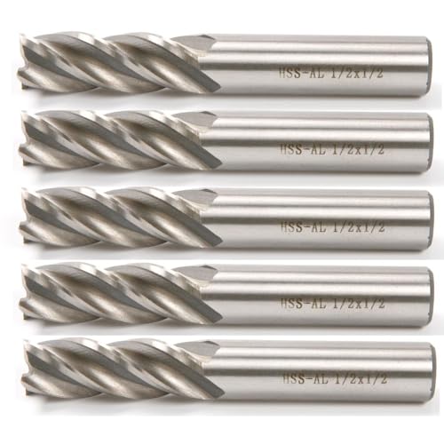 HSS-AL Carbide End Mill Set, 4 Flute Milling Cutter Bits, High Strength Breakage Resistance, 1/2x1/2 Inch, 5 Pack