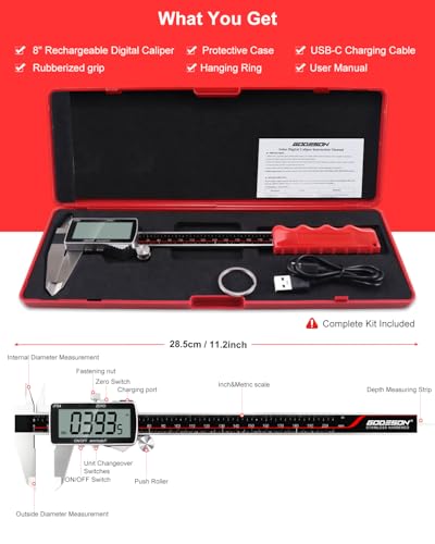 8" Digital Caliper, 0.001" Precision Rechargeable Vernier Caliper - USB-C, IP54 Protection，Full Stainless Steel, Inch/MM/Fraction, Large LCD Measuring Tool for Machining, DIY & 3D Printing - size: 8"-USB‑C