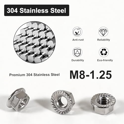 M8 Serrated Flange Nuts – M8-1.25 Stainless Steel Flange Nuts, 304 Stainless Steel Right-Hand M8 Nuts for DIY, Home Repair and Mechanical Fastening (20PCS)