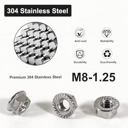 M8 Serrated Flange Nuts – M8-1.25 Stainless Steel Flange Nuts, 304 Stainless Steel Right-Hand M8 Nuts for DIY, Home Repair and Mechanical Fastening (20PCS)
