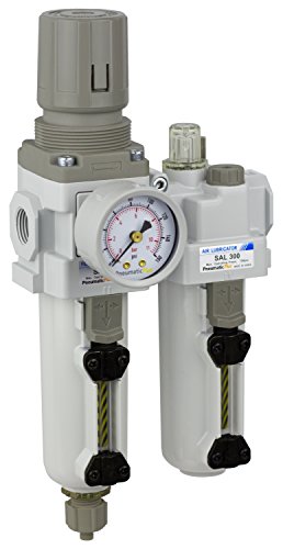 PneumaticPlus SAU310-N03G-MEP Compressed Air Filter Regulator Lubricator Piggyback Combo 3/8" NPT - Metal Bowl, Manual Drain, Bracket, Gauge