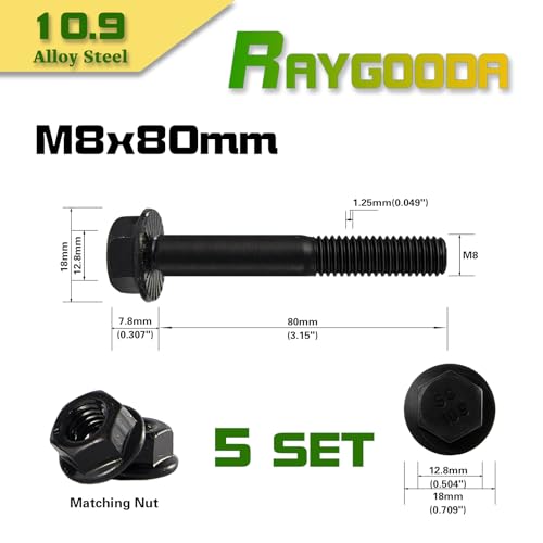M8-1.25x80mm Flange Bolt and Nut Kit 5set- Grade 10.9 Alloy Steel, Black Zinc,Partially Thread, Serrated Self-Locking, Vibration Resistant for Automotive, Machinery & Heavy Duty - size: M8x80mm(5 Sets）