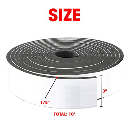 Neoprene Foam Strip Roll By Dualplex,3" Wide x 10' Long 1/8" Thick, Weather Seal High Density Stripping with Adhesive Backing – Weather Strip Roll Insulation Foam Strips - size: 3" Wide x10' Long 1/8" Thick
