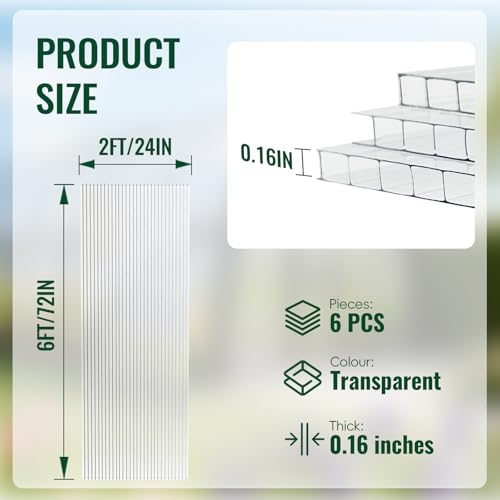 EVERECO 6 Pcs Greenhouse Panel, 6'FT x 2'FT x 0.16" in Polycarbonate Sheet - size: 6'FT x 2'FT x 0.16"IN