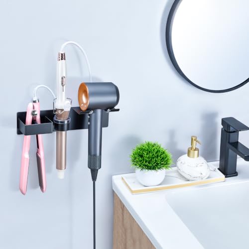 Hair Dryer Holder Wall Mount Curling Iron Holder Flat Iron Holder, Blow Dryer Holder Wall, 3 in 1 Bathroom Hair Tool Organizer Rack for Universal Hairdryer Straightener Curlings (Black) - color: Black