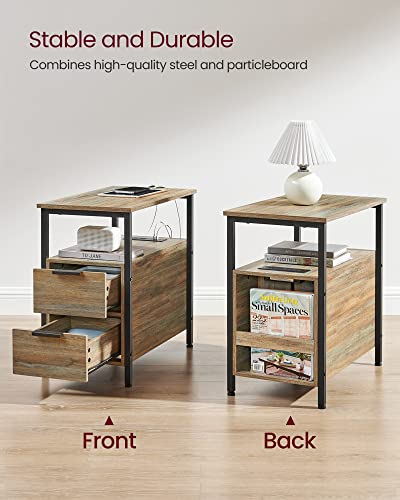 VASAGLE Side End Table with Charging Station, Slim Nightstand with Storage - color: Turquoise Brown + Ink Black, size: 23.6"D x 13.8"W