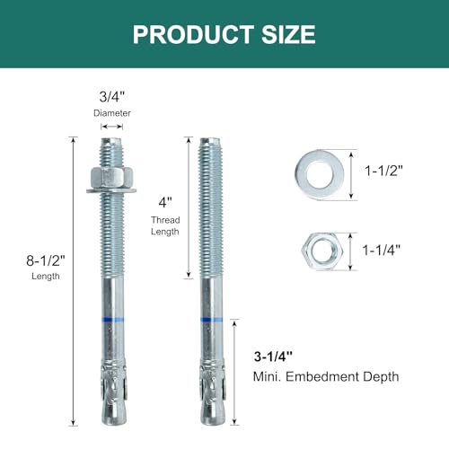 3/4" x 8-1/2" Concrete Anchors (10 Pack) 3/4 inch Wedge Anchors Bolts Zinc Plated - size: 3/4"x8-1/2"