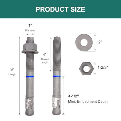 1" x 9" Concrete Anchors (5 Pack) 1 inch Wedge Anchors Bolts Hot Dip Galvanized - size: 1"x9" (5 PCS)