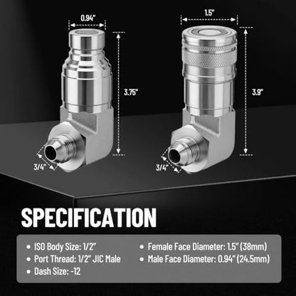 90° Elbow Flat Face Hydraulic Coupler, 1/2" Body Size x 1/2" JIC - size: 1/2" Body 1/2" JIC
