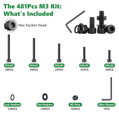 481PCS M3 Hex Socket Screw Assortment Kit, M3 x 30/35/40/45/50mm - size: M3 481pcs 3