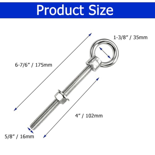 5/8" x 4" Eye Bolts with Washers＆Nuts (5 Pack) - size: 5/8" x 4"