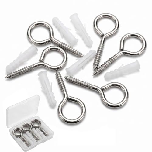 6 Pack 304 Stainless Steel Eye Hook Screws with Expansion Anchors, 2.5 inch Heavy Duty Wall Hanging Screw Eye Bolts (M5) - size: M5