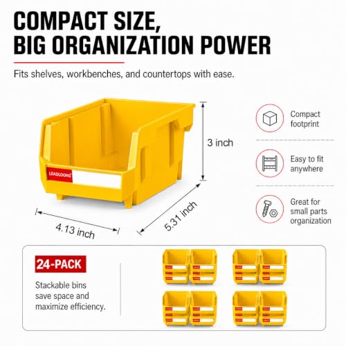 24 Pack Stackable Storage Bins Heavy Duty Parts Box Yellow - color: Yellow-24 Pack, size: 5"x4"x3"