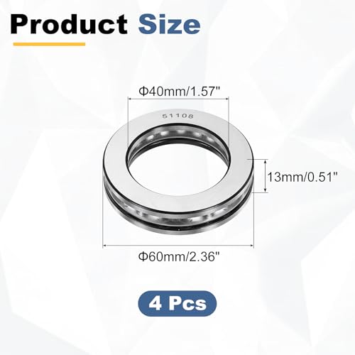 uxcell 4Pcs Thrust Ball Bearings, 40mm Bore 60mm OD 13mm Thick 51108 ABEC5 - size: 51108 40mm x 60mm x 13mm