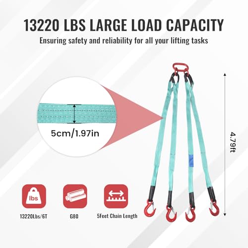5Ft 6T Chain Sling for Lifting, 13220lbs 4 Legs with Grab Hooks & Adjusters, Polyester Rigging Straps for Engine Hoist & Security Towing