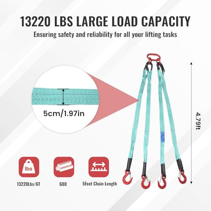 5Ft 6T Chain Sling for Lifting, 13220lbs 4 Legs with Grab Hooks & Adjusters, Polyester Rigging Straps for Engine Hoist & Security Towing