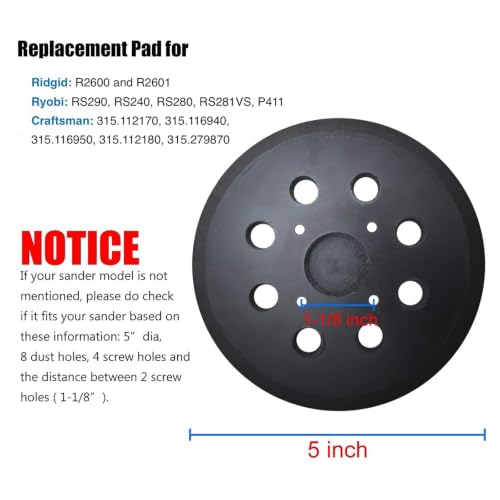 5 Inch 8 Hole Replacement Sander Pads,Hook and Loop Orbital Pad Compatible with Ridgid R2600 R2601,Craftsman ROS Model 315 Random Orbit Sander