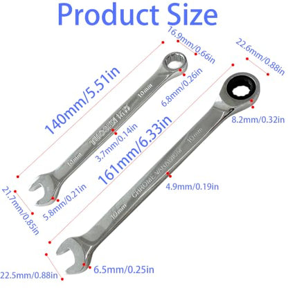 2PCS 10mm Metric Ratcheting Combination Wrench Set, 72-Tooth Industrial Grade Chrome Vanadium Steel Gear Spanner with 12-Point Box End Design for Professional Mechanics - size: 10mm