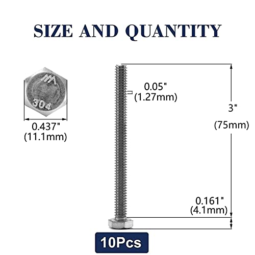 1/4-20 x 3 Hex Head Screw Bolt, 10Pcs 18-8 (304) Stainless Steel, Fully Threaded, Plain Finish, by SG TZH - size: 1/4-20 x 3"