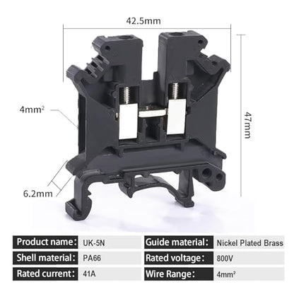 100PCS Black UK5N Terminal Block DIN Rail Terminal Blocks - Application for 24-10AWG 800V Electrical Cabinets Distribution Box,Solar Power System,PLC Industrial Control Automation Panel DIY CNC RV - color: UK5N Black