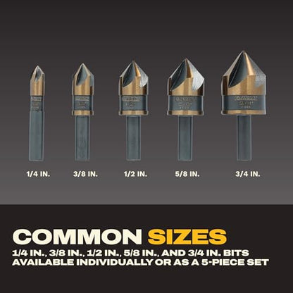 DEWALT Countersink Drill Bit Set for Wood, Metal, Plastic, 5 Pc,1/4, 3/8, 1/2, 5/8, 3/4 Inch Industrial Grade High Speed Steel Twist Countersink Set, Black and Gold (DWAMDB5SETCS)
