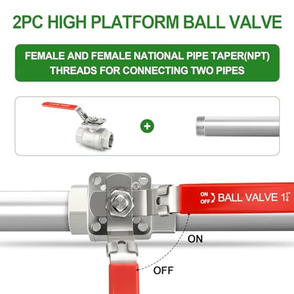 TAISHER 1PCS 1-1/4" FNPT Heavy Duty 2PC High Platform Ball Valve 304 Stainless Steel with Red Handles W0G1000 - size: 1-1/4" FNPT